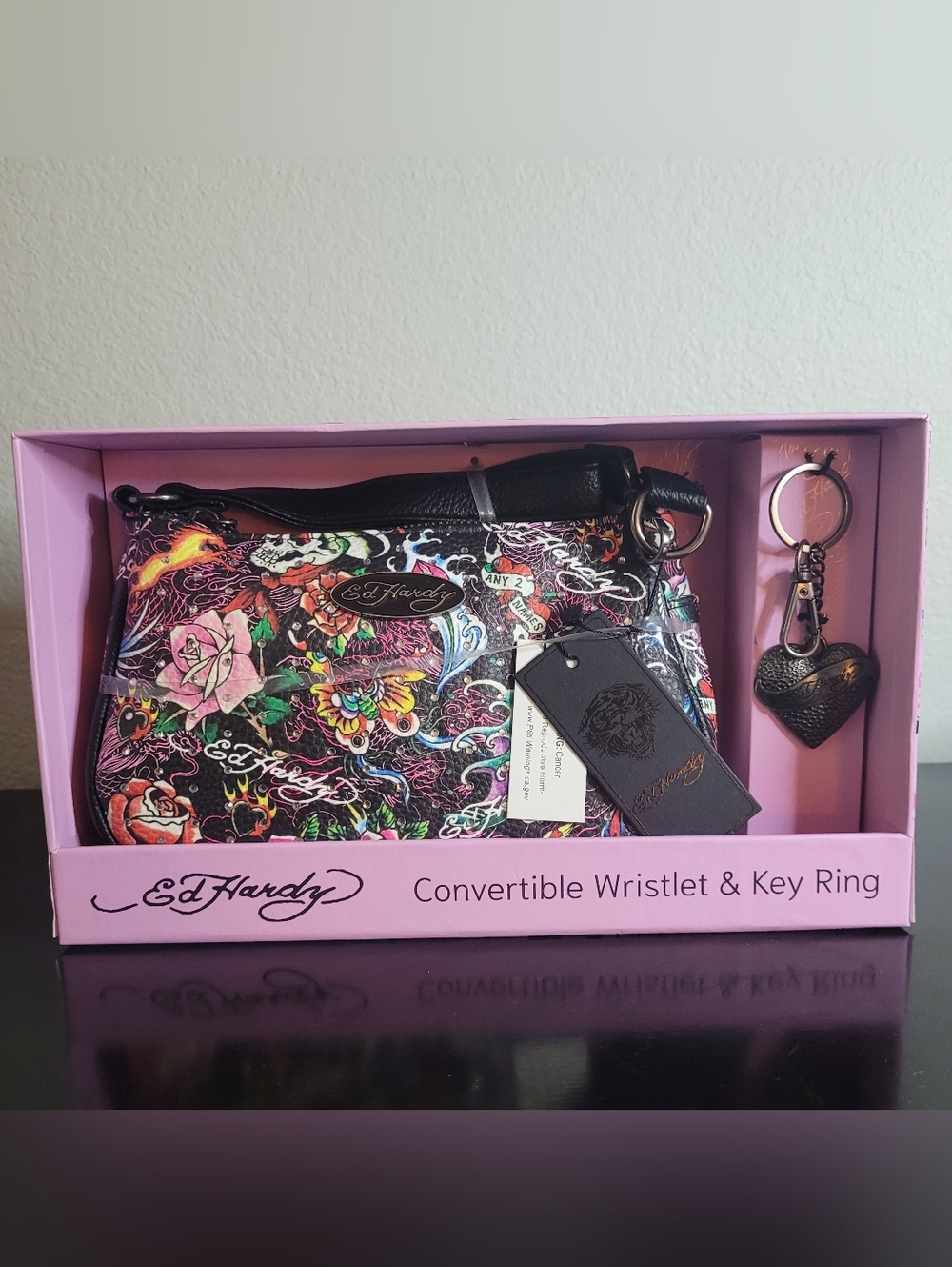 Ed Hardy Black Multicolor Tattoo Print Convertible Wristlet & Key Ring